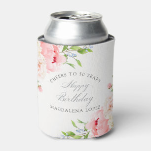50th Birthday Party Pink Floral Custom Can Cooler