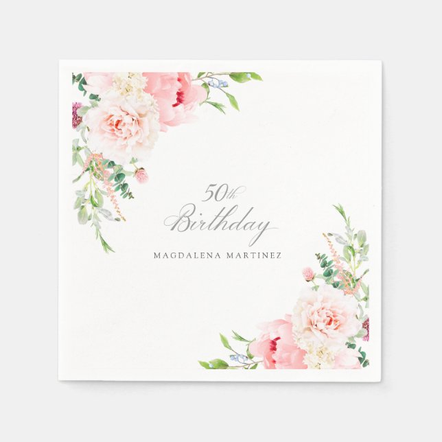 50th Birthday Party Pink Floral Custom Cocktail Napkin (Front)