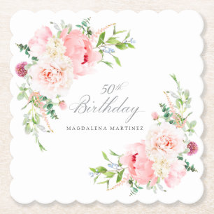 50th Birthday Party Pink Floral Custom Paper Coaster