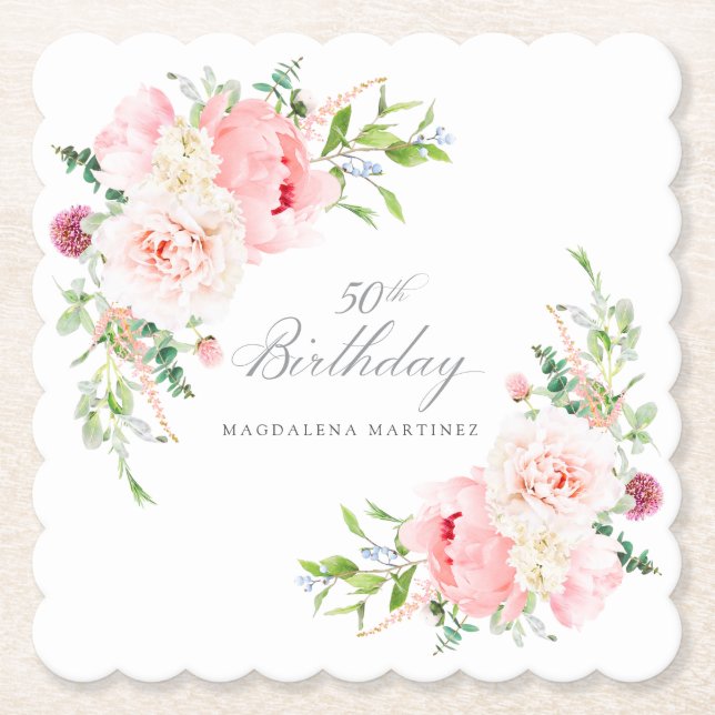 50th Birthday Party Pink Floral Custom Paper Coaster (Front)
