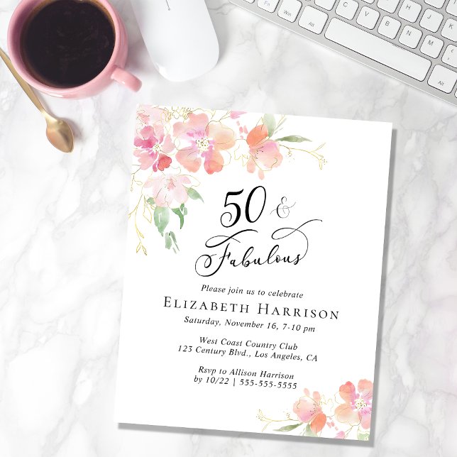 50th Birthday Party Pink Floral Invitation (Creator Uploaded)
