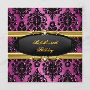 50th Birthday Party Pink Gold Damask Black Diamond Invitation