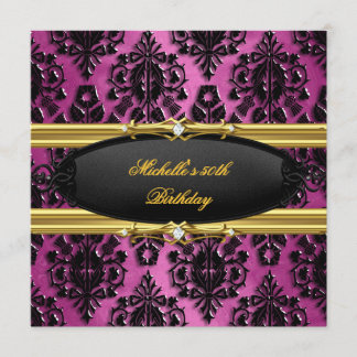 50th Birthday Party Pink Gold Damask Black Diamond Invitation