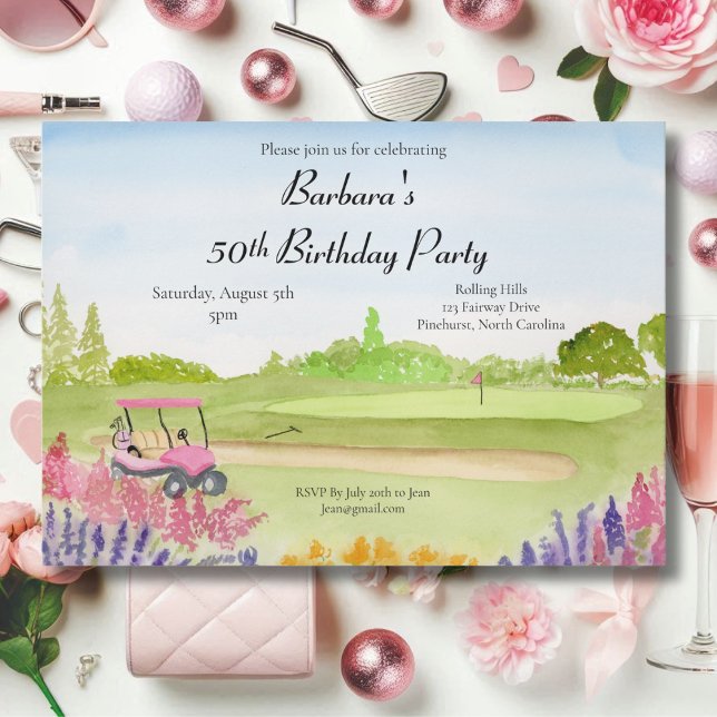 50th Birthday Party Pink Golf Cart Golf Course Invitation (Creator Uploaded)