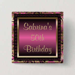 50th Birthday Party Pink Metallic & Gold 15 Cm Square Badge