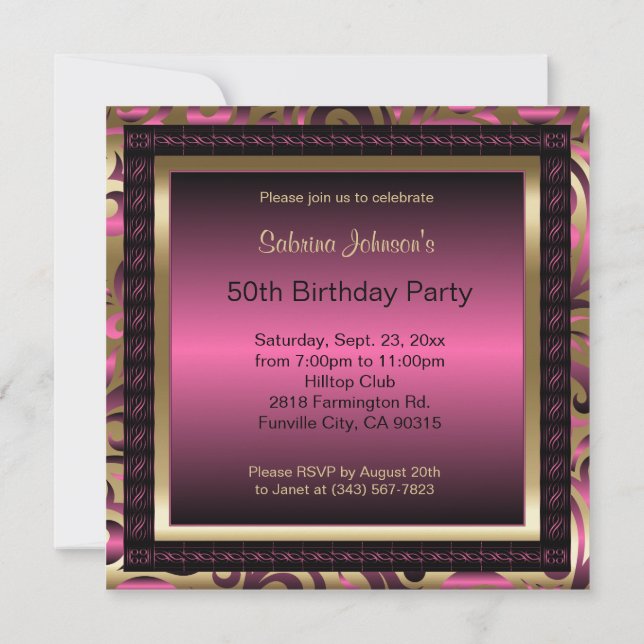 50th Birthday Party | Pink Metallic & Gold Invitation (Back)