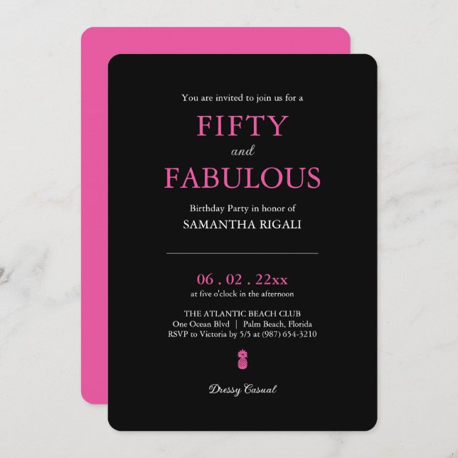 50th Birthday Party Pink Modern Typography Invitation (Front/Back)