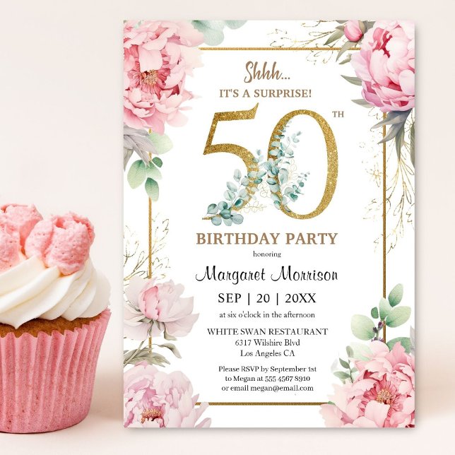 50th Birthday Party Pink Peony Elegant Floral Invitation (Creator Uploaded)