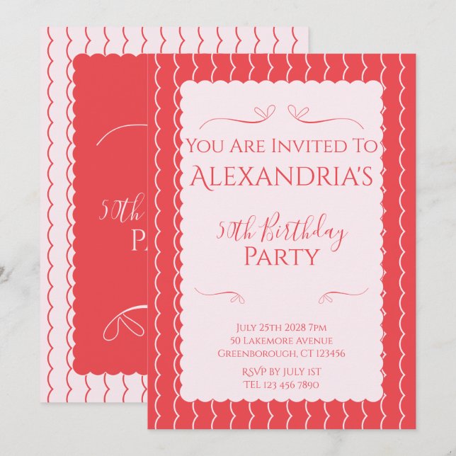 50th Birthday Party Pink Red Wavy Lines Invitation (Front/Back)