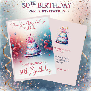 50th Birthday Party Pink Watercolor Invitation