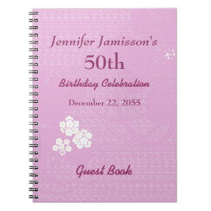 50th Birthday Party Pink, White Floral Minimalist Notebook