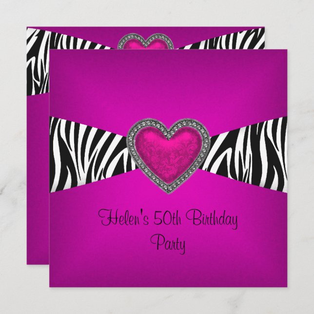 50th Birthday Party Pink Zebra Heart Black White Invitation (Front/Back)