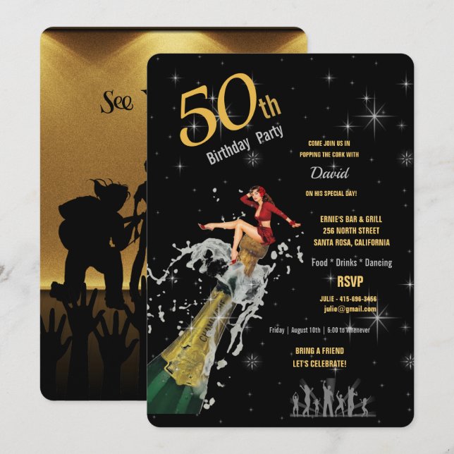 50th Birthday Party Popping the Champagne Cork Inv Invitation (Front/Back)