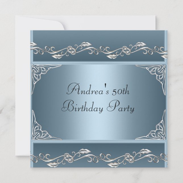 50th Birthday Party Pretty Blue Silver Floral 2 Invitation (Front)