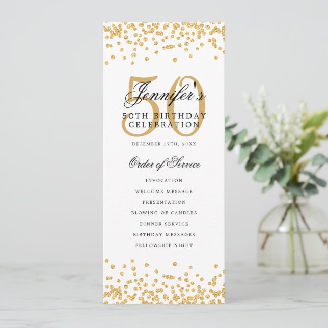 50th Birthday Party Program Gold Confetti  (Standing Front)