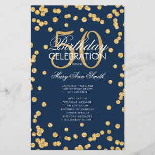 50th Birthday Party Program Gold Glitter Menu Navy