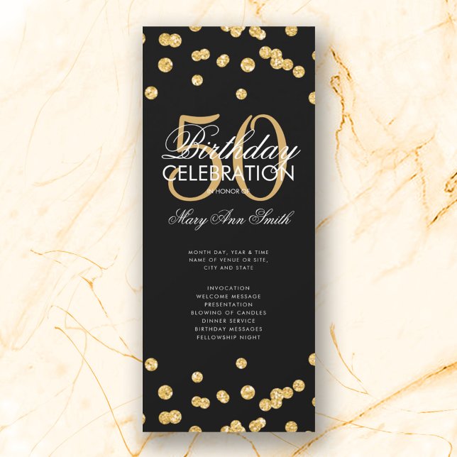 50th Birthday Party Program Gold Glitter w/ Menu (Creator Uploaded)