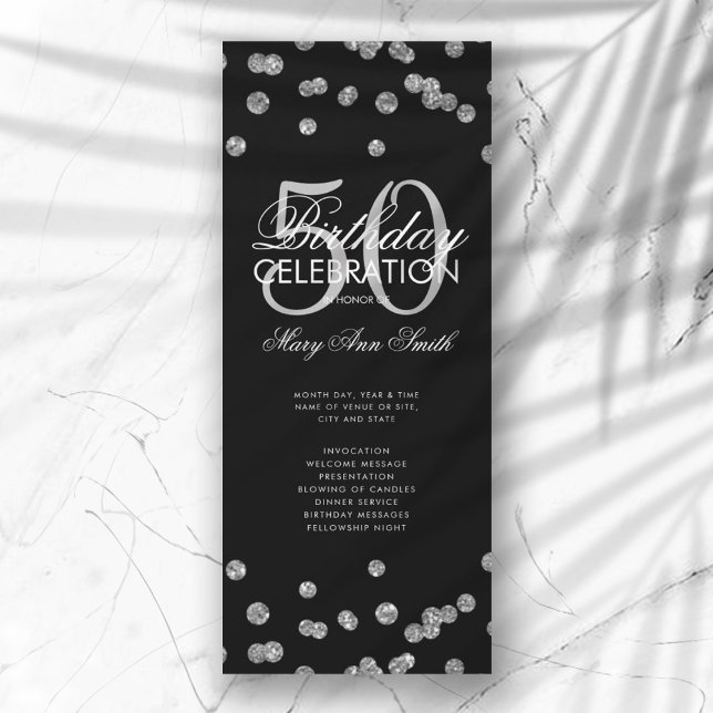 50th Birthday Party Program Silver Glitter w/ Menu (Creator Uploaded)