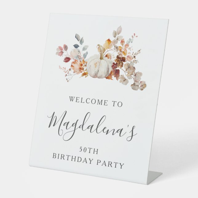 50th Birthday Party Pumpkin Fall Flower Welcome Pedestal Sign (Front)