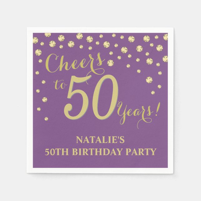 50th Birthday Party Purple and Gold Diamond Napkin (Front)