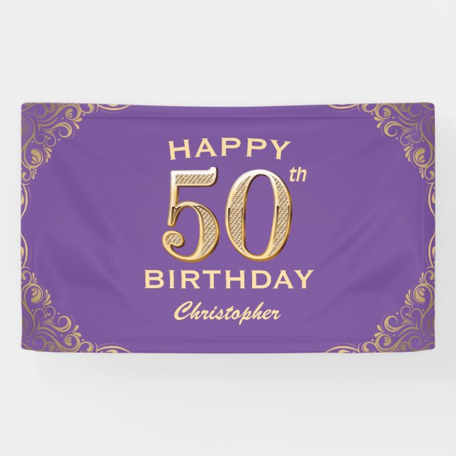 50th Birthday Party Purple and Gold Glitter Frame Banner (Horizontal)