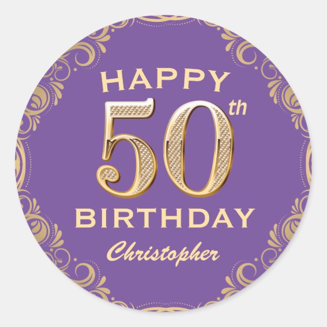 50th Birthday Party Purple and Gold Glitter Frame Classic Round Sticker (Front)