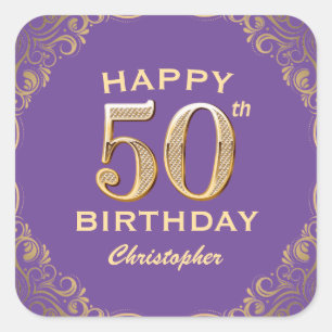 50th Birthday Party Purple and Gold Glitter Frame Square Sticker