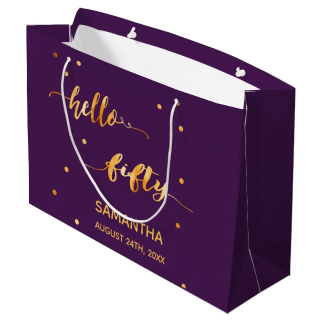 50th birthday party purple gold hello fifty script large gift bag (Back Angled)