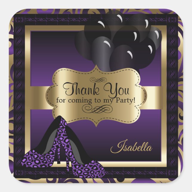 50th Birthday Party | Purple Leopard High Heels Square Sticker (Front)