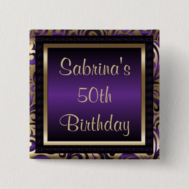 50th Birthday Party | Purple Metallic & Gold 15 Cm Square Badge (Front)
