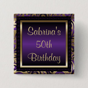 50th Birthday Party   Purple Metallic & Gold 15 Cm Square Badge