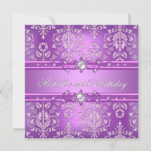 50th Birthday Party Purple Pink Pearl Damask Invitation