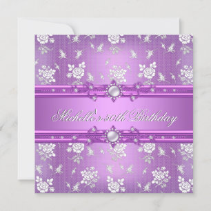 50th Birthday Party Purple Pink Pearl Jewel Floral Invitation