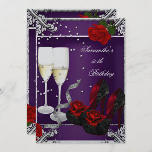 50th Birthday Party Purple Red Rose Silver Invitation