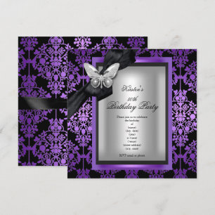 50th Birthday Party Purple Silver Damask Butterfly Invitation