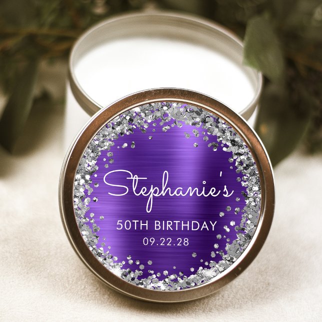 50th Birthday Party Purple Silver Glitter Classic Round Sticker (Creator Uploaded)