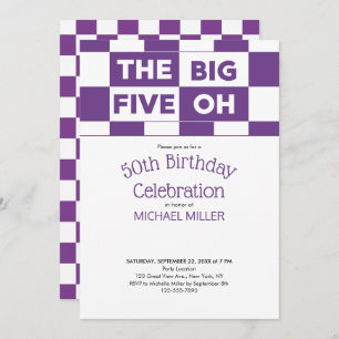 50th Birthday Party Purple White Chequered Pattern Invitation