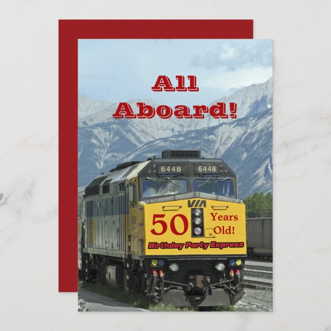 50th Birthday Party Railroad Train Yellow Engine Invitation (Front/Back)