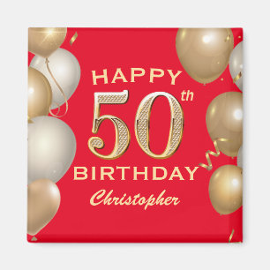 50th Birthday Party Red and Gold Balloons Magnet