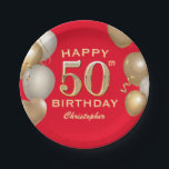 50th Birthday Party Red and Gold Balloons Paper Plate<br><div class="desc">50th Birthday Party Red and Gold Balloons and Confetti Paper Plates. For further customisation,  please click the "Customise it" button and use our design tool to modify this template.</div>