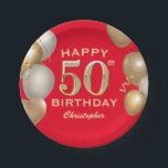 50th Birthday Party Red and Gold Balloons Paper Plate<br><div class="desc">50th Birthday Party Red and Gold Balloons and Confetti Paper Plates. For further customisation,  please click the "Customise it" button and use our design tool to modify this template.</div>
