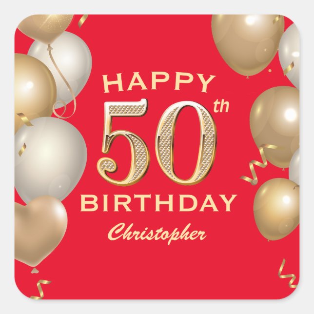 50th Birthday Party Red and Gold Balloons Square Sticker (Front)
