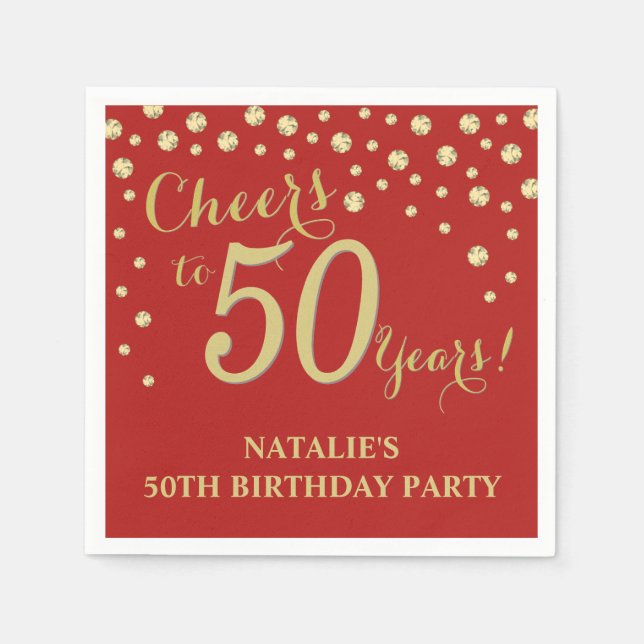 50th Birthday Party Red and Gold Diamond Napkins (Front)