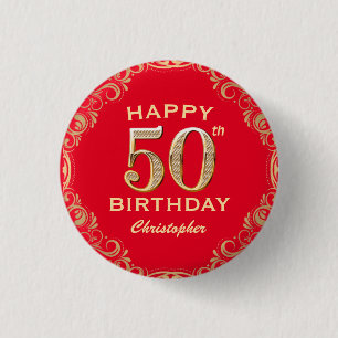 50th Birthday Party Red and Gold Glitter Frame 3 Cm Round Badge