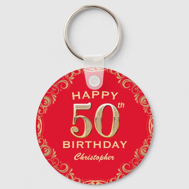 50th Birthday Party Red and Gold Glitter Frame Key Ring (Front)