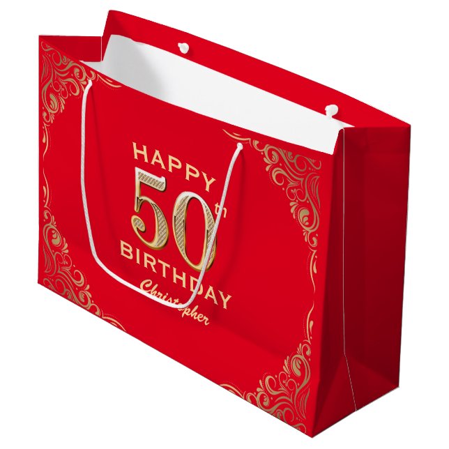 50th Birthday Party Red and Gold Glitter Frame Large Gift Bag (Front Angled)