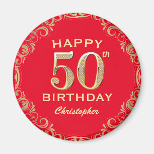 50th Birthday Party Red and Gold Glitter Frame Magnet