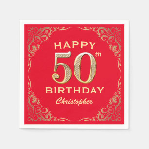 50th Birthday Party Red and Gold Glitter Frame Napkin