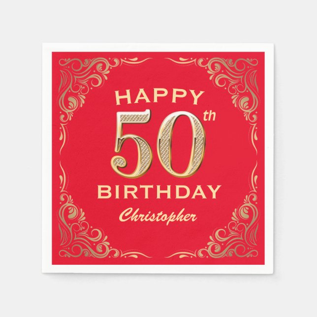 50th Birthday Party Red and Gold Glitter Frame Napkin (Front)