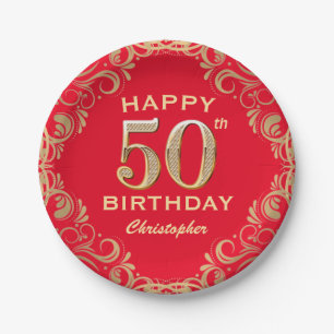 50th Birthday Party Red and Gold Glitter Frame Paper Plate